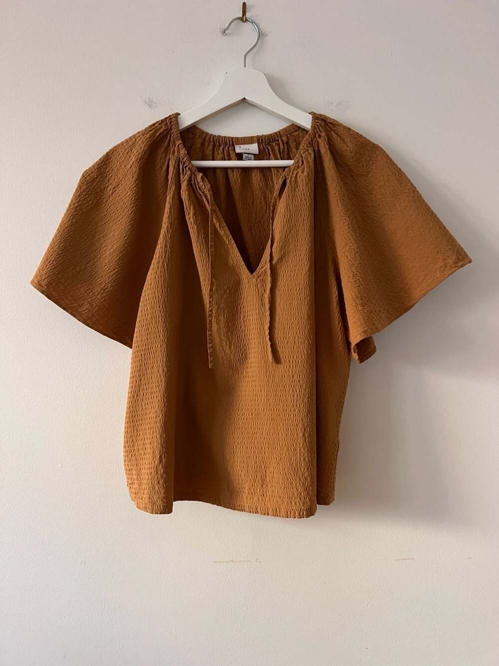 A New Day Blouse Size M Light Brown Textured Short Sleeve Tie Neck